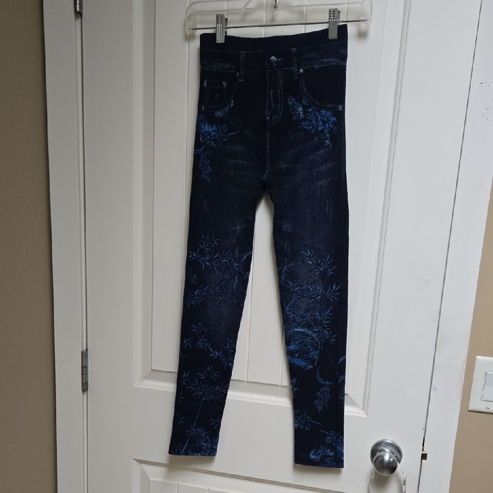 Women Youth Floral Blue Denim Leggings Jeggins